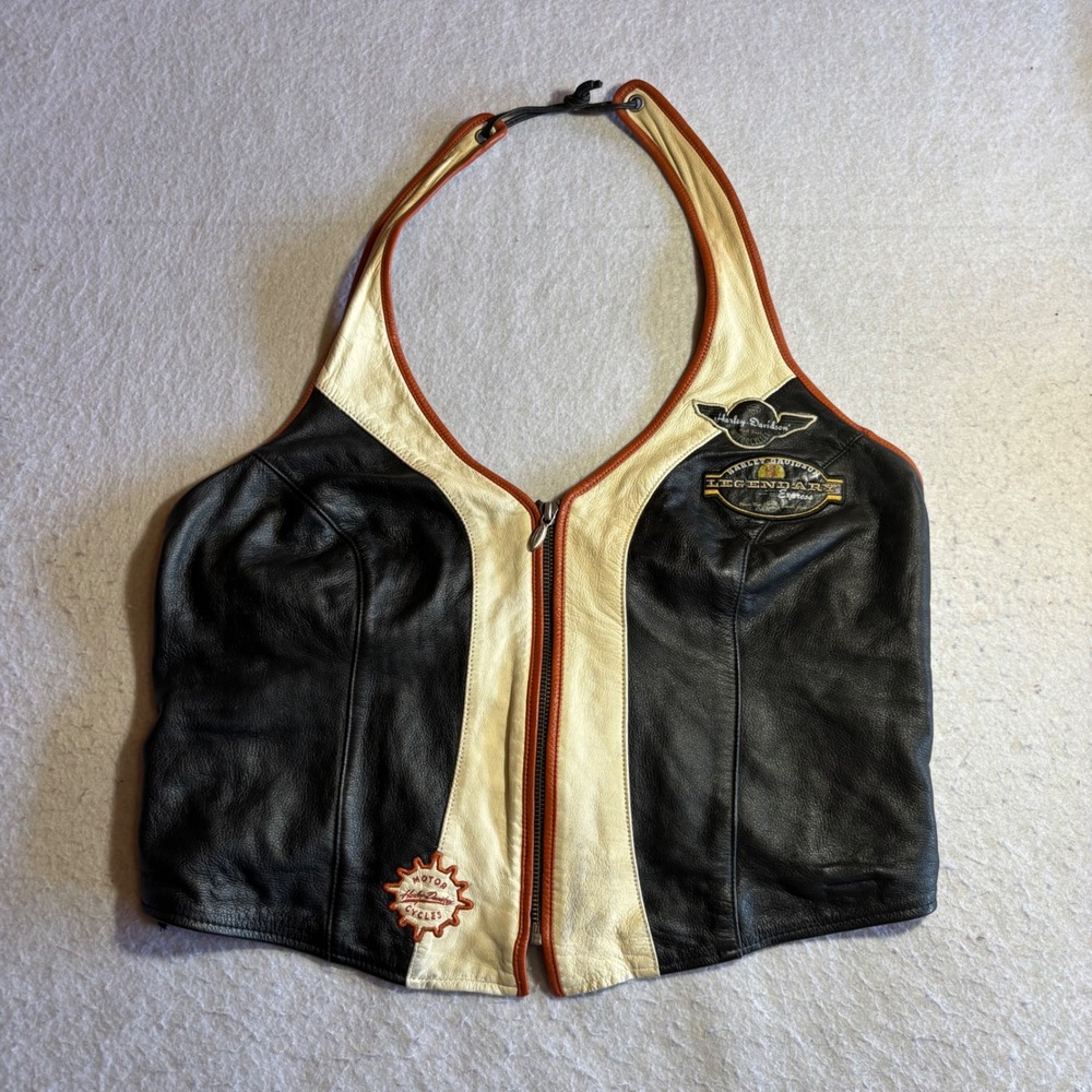 Harley Davidson Womens Genuine Leather Halter Top Vest Black Orange XL